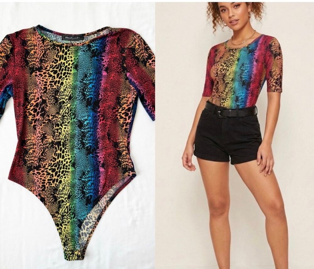 Touch Me Rainbow Leopard Print Bodysuit Short Sleeve Neon Animal Print - medium